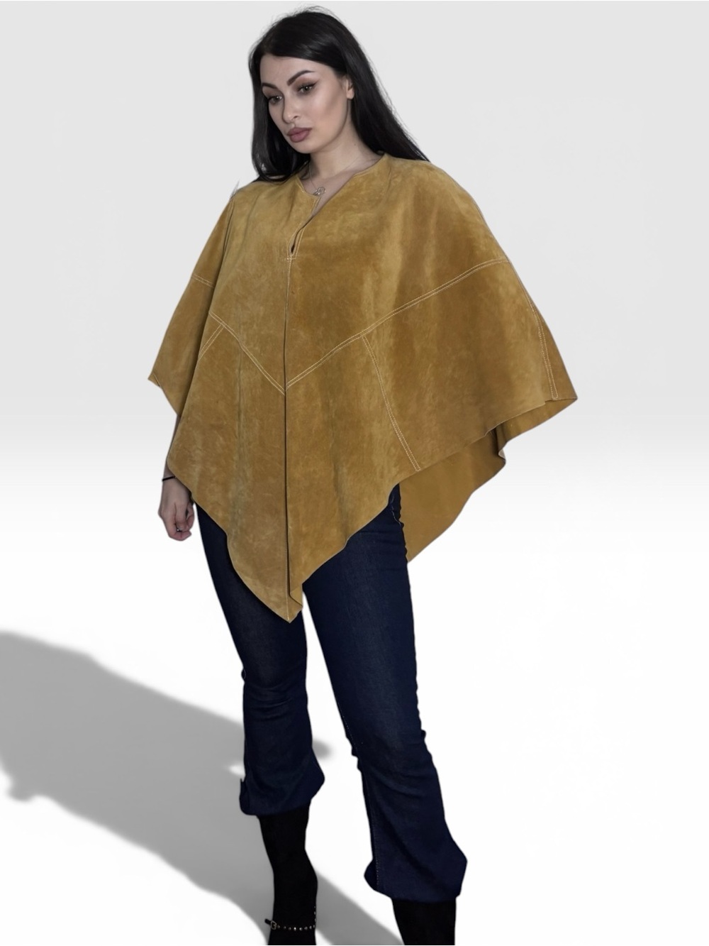 Bernardo Genuine Suede Leather Poncho Cape OS Camel Brown Boho